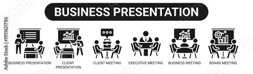 Business Presentation web banner icon vector illustration concept with icons of business presentation, client presentation, client meeting, executive meeting, business meeting, and board meeting.