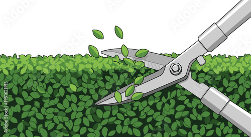 Silver hedge shears are actively trimming a dense green hedge, causing small green leaves to scatter upwards on a white background.