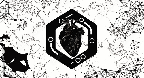 Abstract Human Heart within a Digital Hexagon on a Global Network Map, Representing Connected Health and Technology
