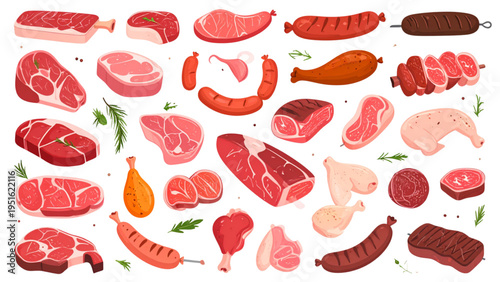 Collection of illustrated meat cuts and sausages including beef, pork, poultry, steaks, ribs, drumsticks and culinary food elements"