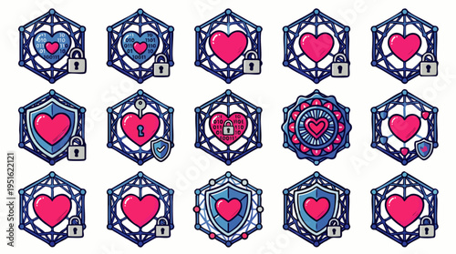 Collection of vibrant heart icons with lock symbols, representing love, security, privacy, and protected content in a digital context. Ideal for apps, websites, or game UI.