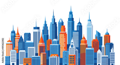 A vibrant cityscape illustration features numerous tall buildings and skyscrapers in blue and orange against a white background.