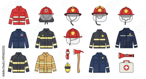 A collection of firefighter and emergency service uniforms and equipment is displayed on a white background.