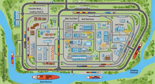 Detailed Industrial Complex Layout with Transportation and Infrastructure.
