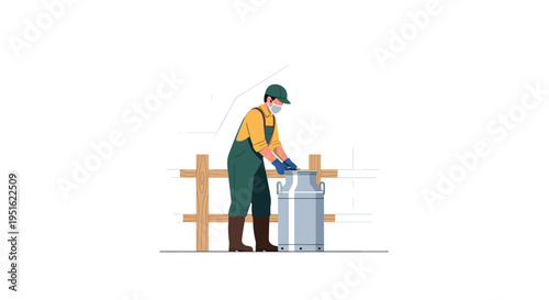 A masked farmer in work overalls and gloves is standing next to a large milk can by a wooden fence.