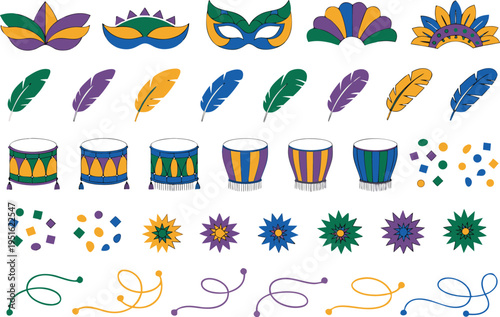 Set of colorful mardi gras festival elements including masks feathers drums confetti and flowers isolated on transparent background