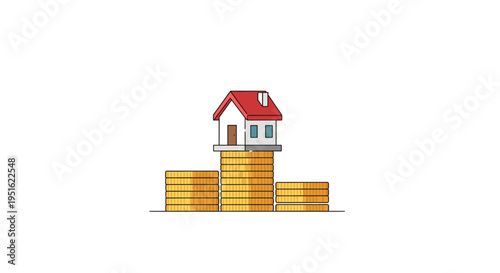 A small house with a red roof sits on a tall stack of golden coins, flanked by two shorter stacks, on a white background.
