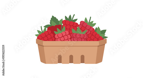 A brown cardboard punnet is overflowing with bright red raspberries and green leaves on a white background.
