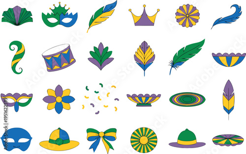 Set of colorful mardi gras icons featuring masks crowns feathers flowers and festive decorations isolated on transparent background