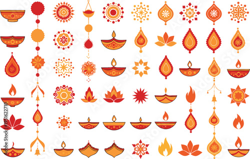 Collection of decorative diwali diya oil lamps and traditional festive rangoli patterns and icons isolated on transparent background