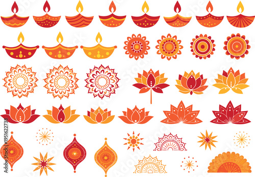 A colorful collection of traditional diwali diya lamps lotus flowers and decorative mandala icons isolated on transparent background