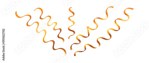 Abstract Gold Metallic Wavy Streamers and Curly Ribbons Isolated on White