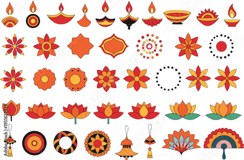 Fotografía Collection of decorative festive diwali elements featuring oil lamps flowers and