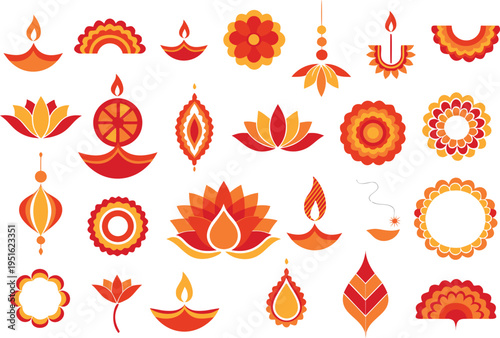A collection of colorful diwali diya lamps and rangoli floral patterns for festive decorations isolated on transparent background