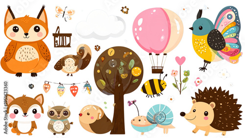 Whimsical collection of colorful forest animals, birds, insects, leaves and mushrooms in playful decorative vector illustration design"