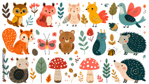 Whimsical collection of colorful forest animals, birds, insects, leaves and mushrooms in playful decorative vector illustration design"
