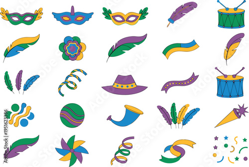A collection of colorful mardi gras carnival icons featuring masks feathers drums and streamers isolated on transparent background