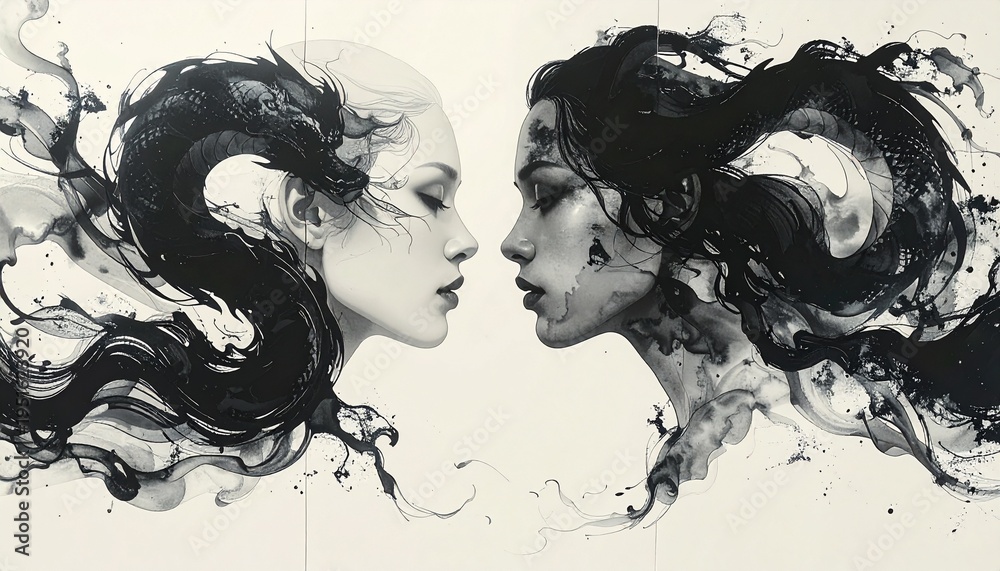 Fototapeta premium Enigmatic artistic illustration depicting the essence of duality through contrasting female faces, rendered with swirling dark and light ink effects