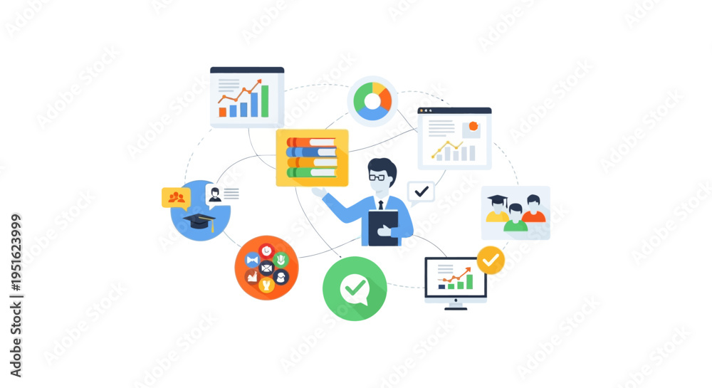 Fototapeta premium Educational Knowledge Management and Business Strategy Integrated System. Corporate Training, E-Learning, and Data Analytics Network Illustration.