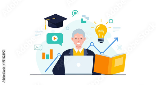 Online Education Professor Vector. Senior expert using laptop for e-learning, mentorship, knowledge transfer, growth, and academic success illustration.