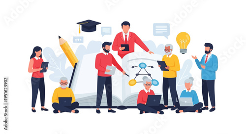 Lifelong Learning and Adult Education Concept. Diverse group (seniors, professionals) studying, mentoring, and sharing knowledge around an open book illustration.