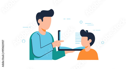 Flat Vector Illustration of Teacher Explaining Lesson in Book to Student. Parent Tutoring Child, Mentorship, and Early Education Concept.