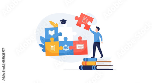 Education Puzzle Solution. Man assembling academic knowledge pieces for success, representing e-learning, skill development, and curriculum building.