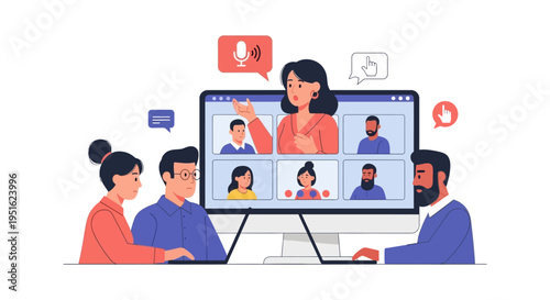 Online Video Conference Meeting. Business Team Collaborating Virtually on Computer Screen. Remote Work, Webinar, and E-learning Illustration.