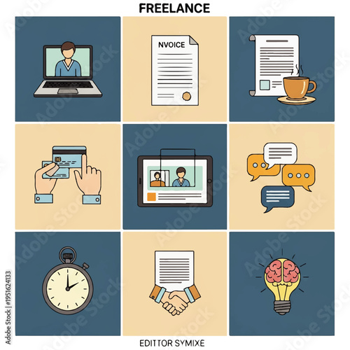 Flat design illustration vector graphic depicting various freelance concepts, including a man working on a laptop, invoice, coffee, mobile payment, video call, chat bubbles, clock,