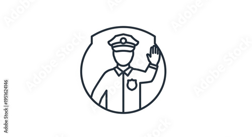 Police officer icon with hand raised in stop gesture.