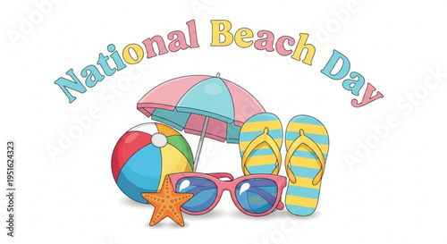 National beach day celebration with colorful beachwear and accessories