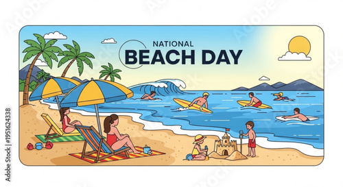 People enjoying national beach day with surfing sunbathing and sandcastle building by ocean