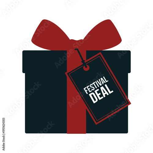 A graphic illustration of a gift box with a festival deal tag