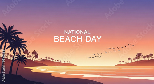 National beach day banner with serene tropical sunset background and palm trees