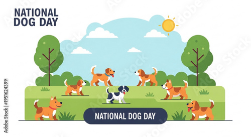 Dogs playing in park on national dog day with sunny sky and green trees