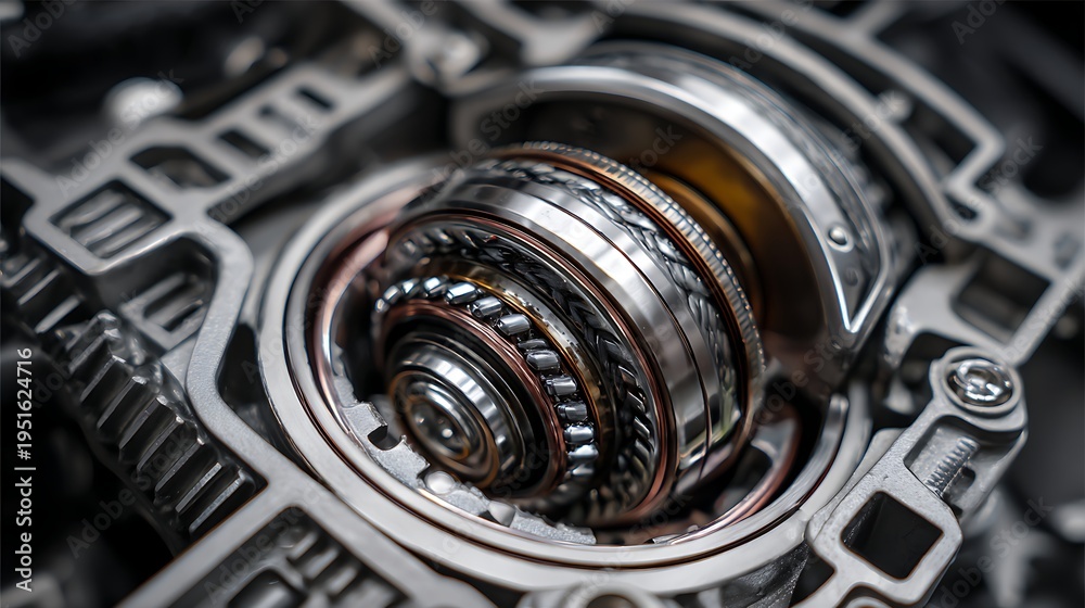 Fototapeta premium Close up of a metal gearbox component with interlocking cogs