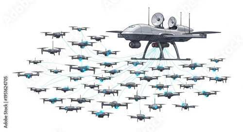 Aerial view of a drone swarm with a larger control drone in the center.
