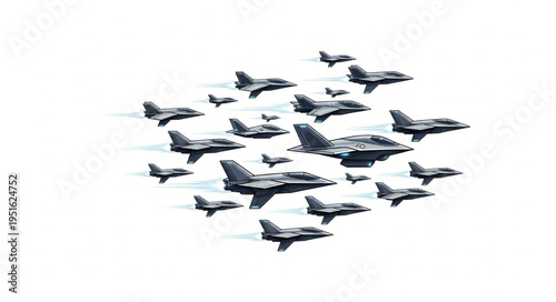 Formation of military jets flying in the sky, a display of aerial power.