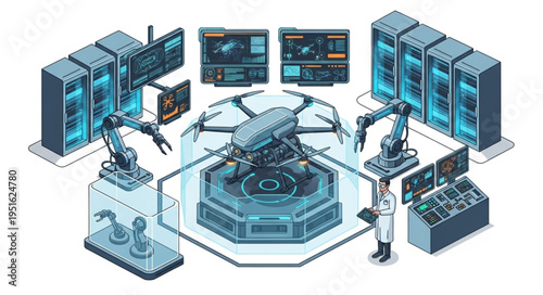 Futuristic laboratory with robotic arms and advanced technology equipment.