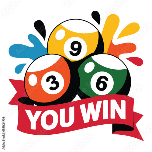 A colorful illustration of billiard balls with a YOU WIN banner