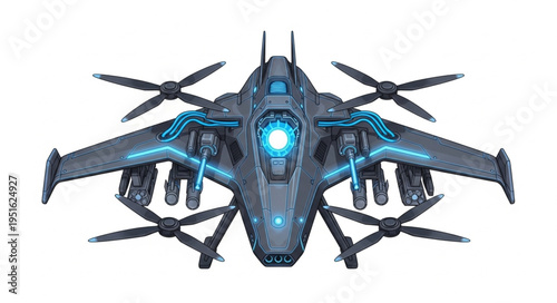 Futuristic drone with multiple propellers and advanced technology, ready for flight and surveillance missions.