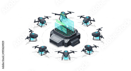 Drones circling a central charging station, showcasing modern technology and innovation.