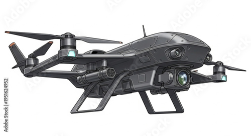 Advanced black drone with propellers and camera for aerial photography.