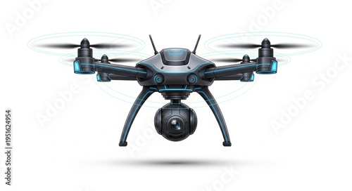 High-tech drone with camera captures aerial footage and innovative technology.