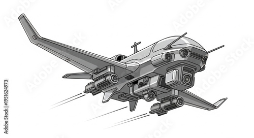 Detailed illustration of a futuristic aircraft with advanced technological features.