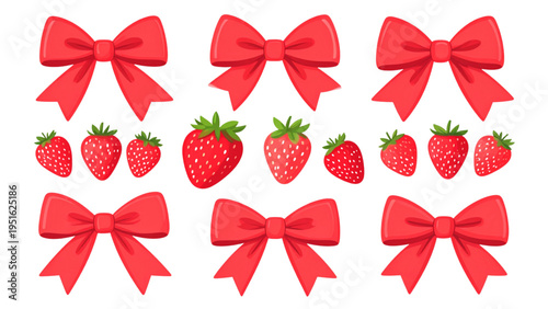 Seamless repeating pattern of red strawberries and decorative bows on white background for fabric, wallpaper and graphic design"