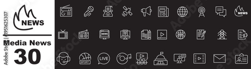 News media Web Icon Set in Line Style. Collection of Mass media Linear Icons, Including tv, radio, newspaper, magazine, news, broadcasting, press, interview, journalism and more. Editable Stroke