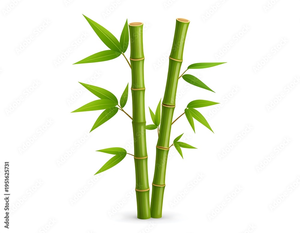 Fototapeta premium Two green bamboo stalks with light green leaves isolated on a white background