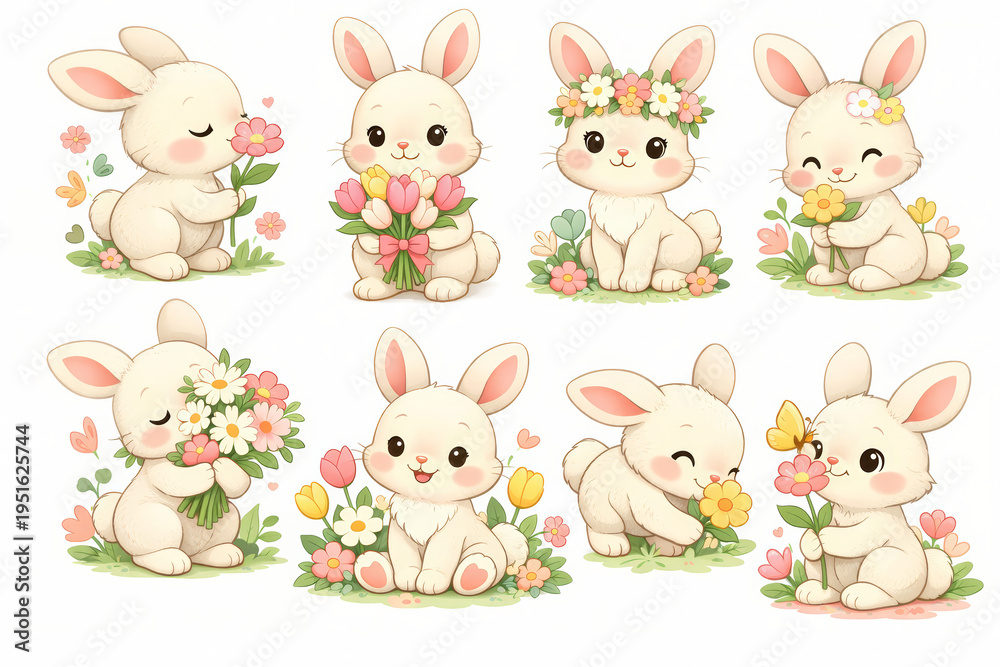 Fototapeta premium Cute Easter Bunny Collection With Flowers Kawaii Spring Character Set