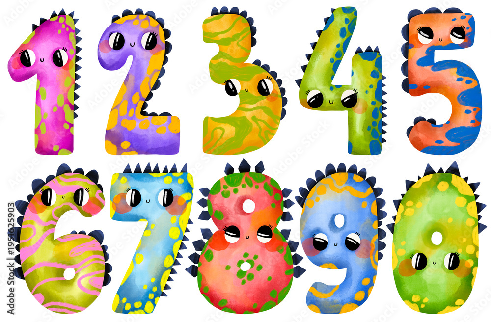 Naklejka premium Cute dinosaur numbers 0 to 9 watercolor set. Baby milestone cards and kids learning numbers collection for nursery decor posters and educational prints.